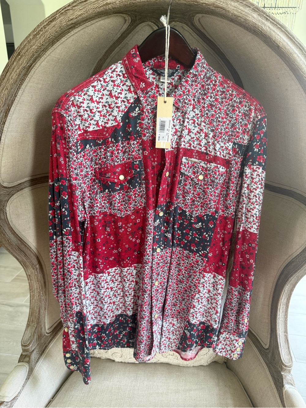 Men's Diesel Red Floral Patchwork Long Sleeve Shirt XL